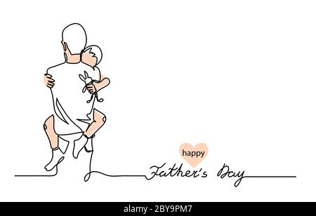 Hugs d'un père avec un enfant. Une bannière de dessin de ligne continue, arrière-plan, affiche avec la famille embrasse. Illustration vectorielle simple de la fête des pères Illustration de Vecteur