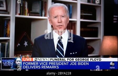 Wilmington, Delaware, États-Unis. 09e juin 2020. Capture d'écran du vice-président JOE BIDEN, qui présente des remarques par vidéo aux funérailles de George Floyd à Houston, Texas. Crédit : Brian Cahn/ZUMA Wire/Alay Live News Banque D'Images