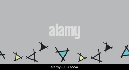 Rangée de bordures de triangles rebondissantes avec fond gris, vectorisé à la main, répétition sans couture avec gribouillages. Surface sans couture Illustration de Vecteur