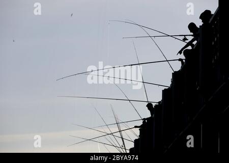 Istanbul, Turquie. 9 juin 2020. Les gens pêchent sur le pont de Galata à Istanbul, en Turquie, le 9 juin 2020. Le vieux pont au coeur historique de la plus grande ville de Turquie Istanbul mardi est rempli de pêcheurs, soulevant des inquiétudes du gouvernement turc et des autorités locales sur la propagation de la COVID-19. Après que le gouvernement ait assoupli les restrictions de la COVID-19 la semaine dernière, plus de 500 pêcheurs chaque jour se sont enfermés dans le pont de Galata, un site de pêche hotspot dans la partie européenne de la ville, enjambant la Corne d'Or. Crédit : Osman Orsal/Xinhua/Alay Live News Banque D'Images