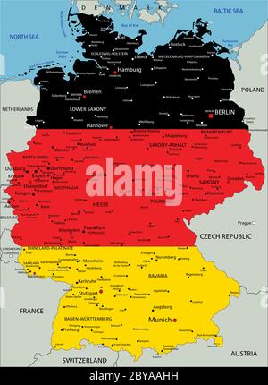 Allemagne carte politique très détaillée avec drapeau national isolé sur fond blanc. Illustration de Vecteur