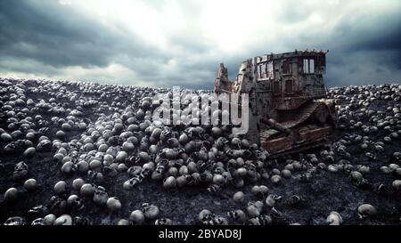 Ancien bulldozer et tas de crânes. Concept Apocalypse et enfer. rendu 3d. Banque D'Images