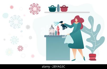Femme à la maison désinfectante les produits d'épicerie du magasin. Précautions d'achat sécuritaires pour le coronavirus. Concept de désinfection. Avis de sécurité du coronavirus Covid-19. Illustration de Vecteur
