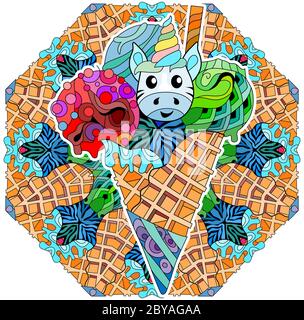 Glace zentaangle colorée à la main avec illustration de la tête de licorne avec mandala Illustration de Vecteur