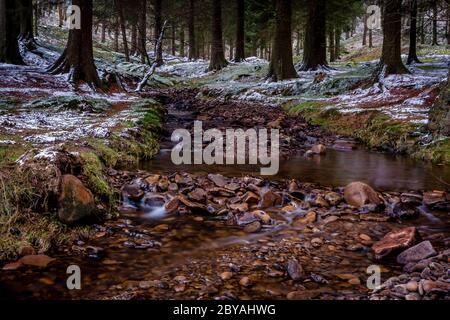 Derwent Valley. Ruisseau qui s'intourne dans le réservoir de Howden, par une journée froide d'hiver. Banque D'Images