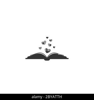 Livre ouvert avec des pages et des coeurs qui volent. Isolé sur fond blanc. Icône plate bibliophile. Illustration vectorielle. Logo de lecture d'amour. Livre romantique Illustration de Vecteur