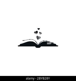 Livre ouvert avec des pages et des coeurs qui volent. Isolé sur fond blanc. Icône plate bibliophile. Illustration vectorielle. Logo de lecture d'amour. Livre romantique Illustration de Vecteur