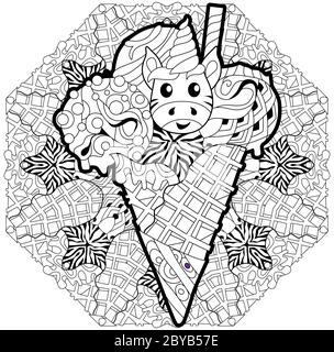 Glace avec tête de licorne et mandala. Dessiné en noir et blanc pour colorier la page. Illustration de Vecteur