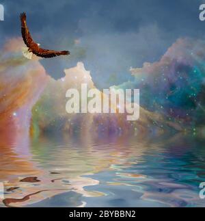 Aigle en vol sur l'eau avec ciel étoilé. Liberté majestueuse Banque D'Images