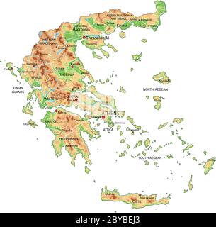 Carte physique Grèce haute précision avec étiquetage. Illustration de Vecteur