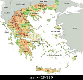 Carte physique Grèce haute précision avec étiquetage. Illustration de Vecteur