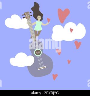 guitare dans les nuages avec une fille et des coeurs. Style de booiche en forme de booiles. Pour le tissu de robe, l'imprimé T-shirt, la carte postale, les bannières. Illustration de Vecteur