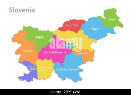 Carte de Slovénie, division administrative, noms de régions individuels distincts, carte couleur isolée sur fond blanc Illustration de Vecteur