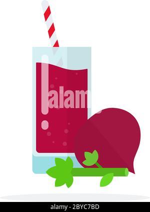 Jus de betterave dans un verre, betterave entière et céleri près de vecteur plat isolé Illustration de Vecteur