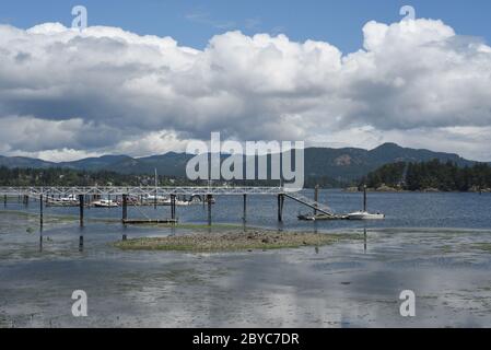 Une vue du parc de Whiffin Spit vers les quais et les bateaux amarrés dans le port de Sooke, Colombie-Britannique, Canada, sur l'île de Vancouver par une journée nuageux. Banque D'Images