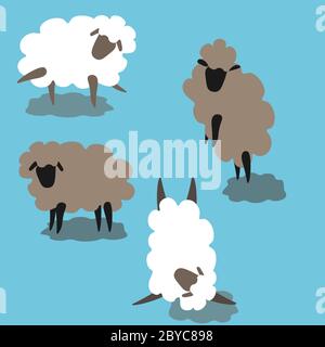 Figurines de mouton à la main, en différentes positions, motif blanc et gris. Style Doodle. Pour le tissu de robe, l'imprimé T-shirt, la carte postale, les bannières. Illustration de Vecteur