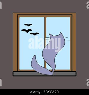 Un chat drôle regarde les oiseaux volants par la fenêtre. Style de booiche en forme de booiles. Imprimé t-shirt, carte postale, bannières. Illustration de Vecteur