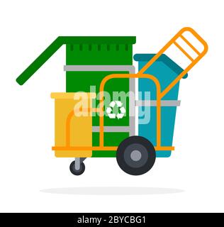Chariot de collecte des déchets avec conteneurs Vector Icon isolé à plat. Illustration de Vecteur