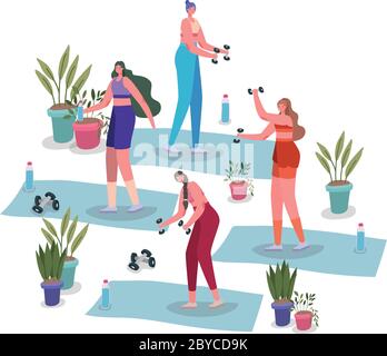 Femmes avec vêtements de sport faisant de l'exercice sur le design des tapis, rester à la maison sport de gym et thème de culturisme illustration Vector Illustration de Vecteur