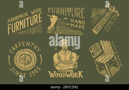 Jeu d'étiquettes en bois pour atelier ou panneaux d'affichage. Menuisier menuisier, menuisier et mobilier. Marteau et chaise. Logo vintage, badges pour typographie ou Illustration de Vecteur