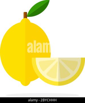 Citron avec feuille et segment de citron plat isolé Illustration de Vecteur