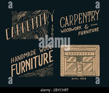 Étiquettes en bois pour atelier ou panneaux d'affichage. Logo vintage, badges pour typographie ou tee-shirts. Esquisse de gravure dessinée à la main. Illustration de Vecteur