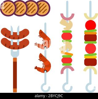 Morceaux d'aubergine. Morceaux de viande, saucisses grillées, crevettes et légumes sur un plat de brochettes isolé Illustration de Vecteur