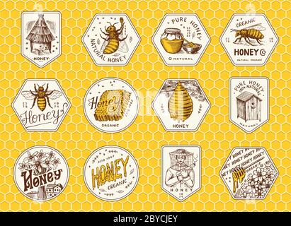 Ensemble d'autocollants miel et abeilles. Homme de gardien d'abeilles et rayons de miel et ruche et apiaire. Logo vintage pour la typographie, la boutique ou les enseignes. Badge pour tee-shirts Illustration de Vecteur