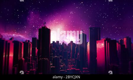 Une ville futuriste rétro survolée en arrière-plan. paysage de science-fiction des années 80 dans l'espace Banque D'Images