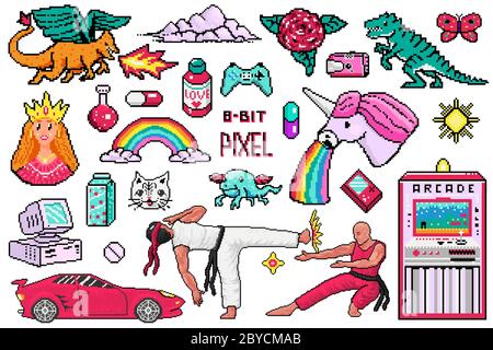 Objets pixel art 8 bits. Supports de jeux numériques rétro. Ensemble d'icônes de mode roses. Autocollants vintage pour ceinture. Arcades vidéo. Personnages dinosaure Illustration de Vecteur