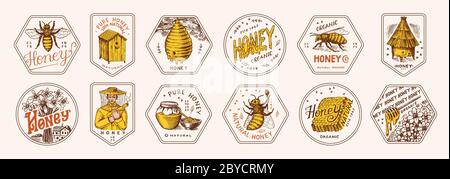 Ensemble d'autocollants miel et abeilles. Homme de gardien d'abeilles et rayons de miel et ruche et apiaire. Logo vintage pour la typographie, la boutique ou les enseignes. Badge pour tee-shirts Illustration de Vecteur