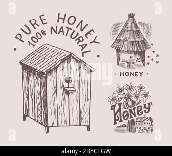 Ruche et apiaire et fleurs. Étiquettes miel et abeilles. Logo vintage pour la typographie, la boutique ou les enseignes. Badge pour tee-shirts. Esquisse de gravure dessinée à la main Illustration de Vecteur