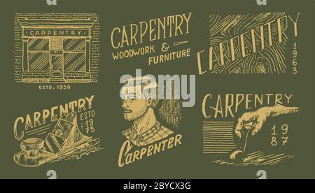 Jeu d'étiquettes en bois pour atelier ou panneaux d'affichage. Menuisier menuisier, menuisier et mobilier. Logo vintage, badges pour typographie ou tee-shirts. Main Illustration de Vecteur