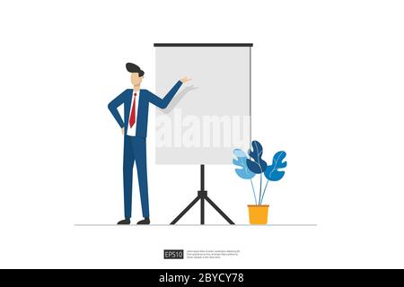 Homme d'affaires présentant le concept de plan d'idée de marketing. Caractère professionnel donnant un rapport de présentation, une séance de leçon, une réunion, un conseil sur un tableau blanc. Illustration de Vecteur