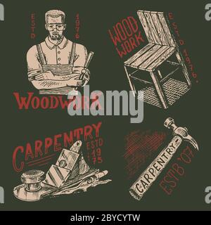 Couper le bois et le menuisier de menuisier ou menuisier de menuisier. Marteau et chaise. Étiquettes pour atelier ou panneaux d'affichage. Logo vintage, badges pour typographie ou t Illustration de Vecteur