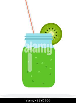 Smoothies de kiwi dans un pot avec paille plate isolée Illustration de Vecteur