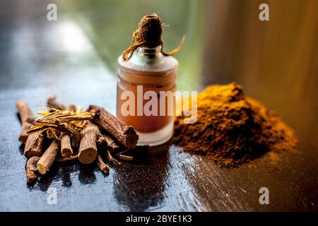 Prise de Rheum emodi ou Revand Chini avec son huile et sa poudre brute sur une surface noire brillante. Banque D'Images