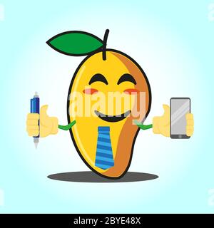 Adorable personnage de dessin animé de bussines de mangue avec stylo, cravate et motif d'image de smartphone Illustration de Vecteur