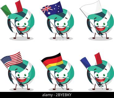 Le personnage de dessin animé de volley-ball apporte les drapeaux de divers pays Illustration de Vecteur