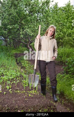 femme creuse un lit de jardin avec les premiers pousses Banque D'Images