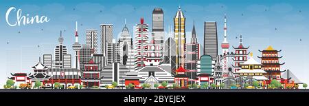 China City Skyline avec bâtiments gris et ciel bleu. Sites célèbres en Chine. Illustration vectorielle. Illustration de Vecteur