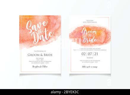 Modèle de carte d'invitation de mariage couleur orange pêche avec style aquarelle pour enregistrer la date, l'invitation ou la carte de vœux. Conception vectorielle Illustration de Vecteur