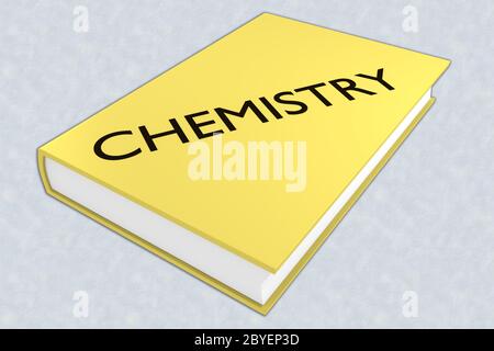 Illustration 3D du script DE CHIMIE sur un livre, isolé sur un motif bleu pâle. Banque D'Images