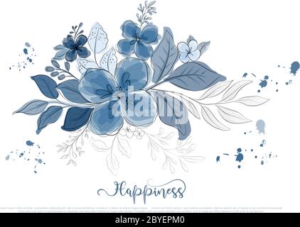 Dessin à la main magnifique aquarelle bleue florals avec style de ligne noire. Vecteur isolé utilisation pour le design, carte de voeux, bannière nature, fond floral. - Illustration de Vecteur