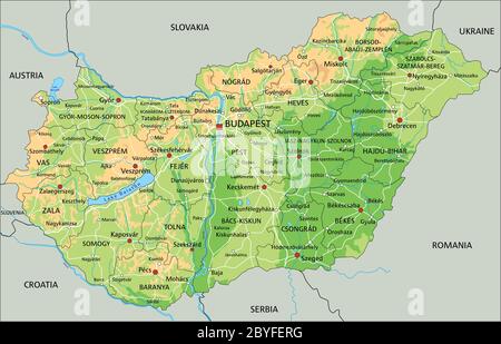 Carte physique Hongrie haute précision avec étiquetage. Illustration de Vecteur