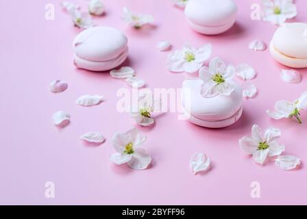 Guimauves et fleurs roses sur fond rose pastel. Gros plan. Copier l'espace. Banque D'Images