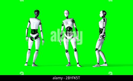 Robot femme humanoïde futuriste isolé sur écran vert. Rendu 3d réaliste. Banque D'Images