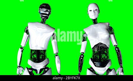 Robot femme humanoïde futuriste isolé sur écran vert. Rendu 3d réaliste. Banque D'Images