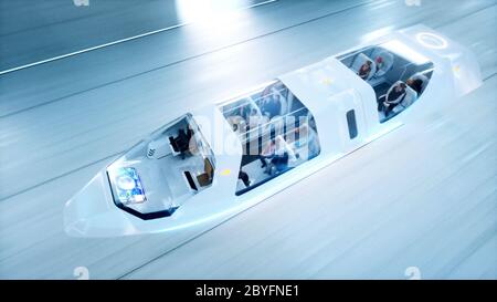 bus futuriste volant avec les gens à vitesse rapide dans le tunnel de science-fiction, le coridor. Concept de futur. rendu 3d. Banque D'Images