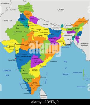 Carte politique colorée de l'Inde avec des couches clairement étiquetées et séparées. Illustration vectorielle. Illustration de Vecteur